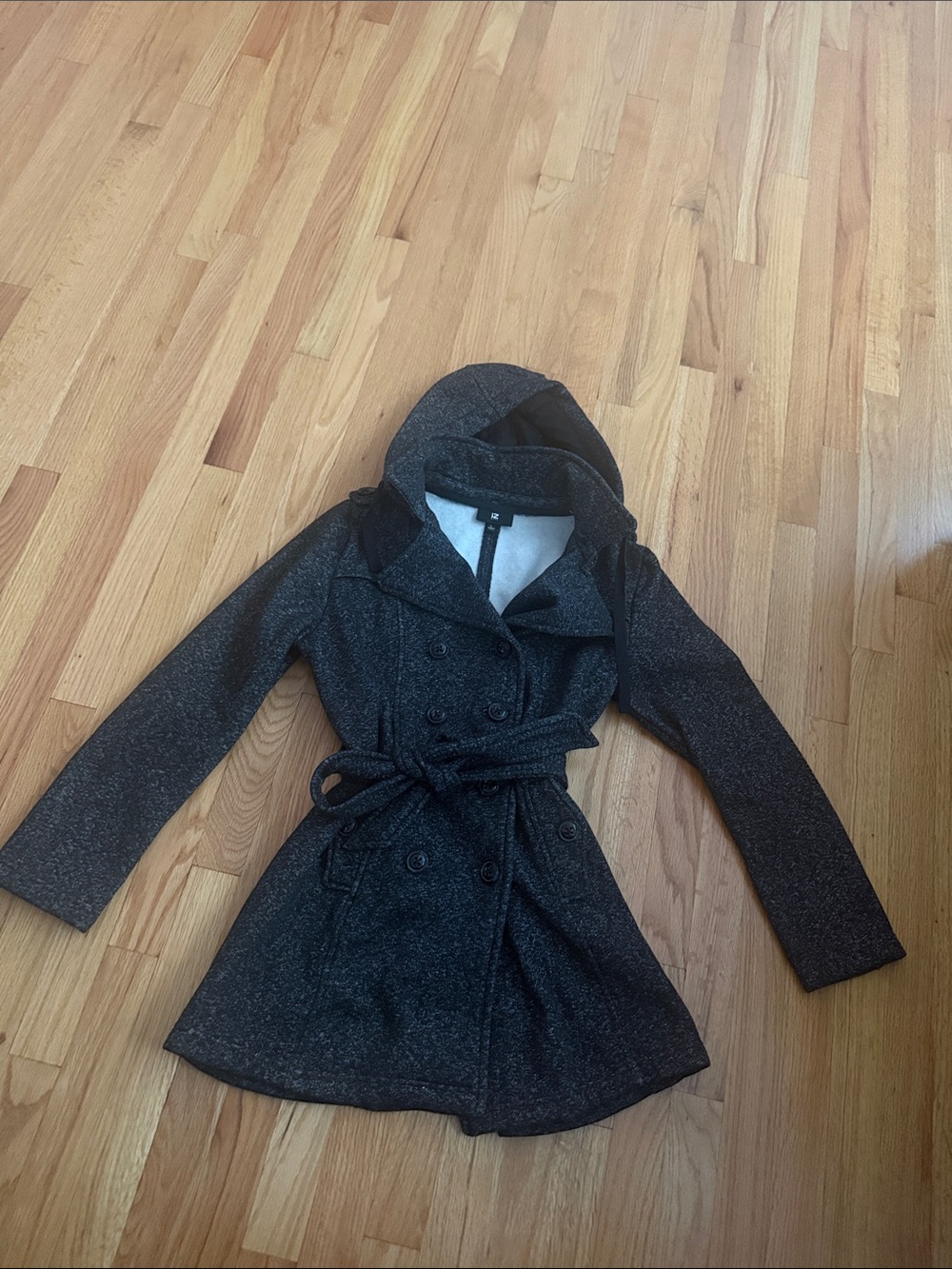 Hooded Double-Breasted Belted Coat - Black